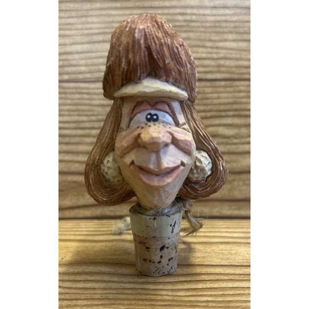 Hand Carved Wooden Wine Bottle Stopper‎ Whimsical Folk Art Character Head Cork
